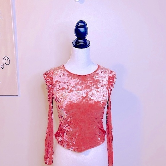 NWT love, Fire Crushed Velvet Long Sleeve Crop Top Peachy/Pink Size Medium - Picture 6 of 12